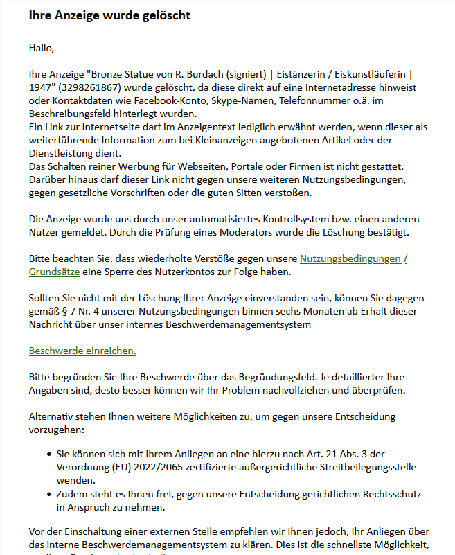 kleinanzeigen.de löscht Inserate